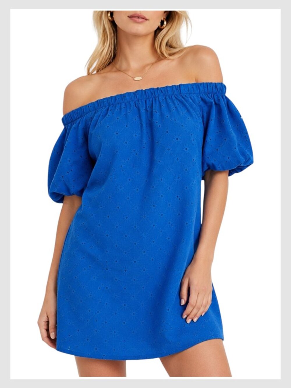 Zara Off Shoulder Eyelet Mini Dress Blue Puff Sleeve XS